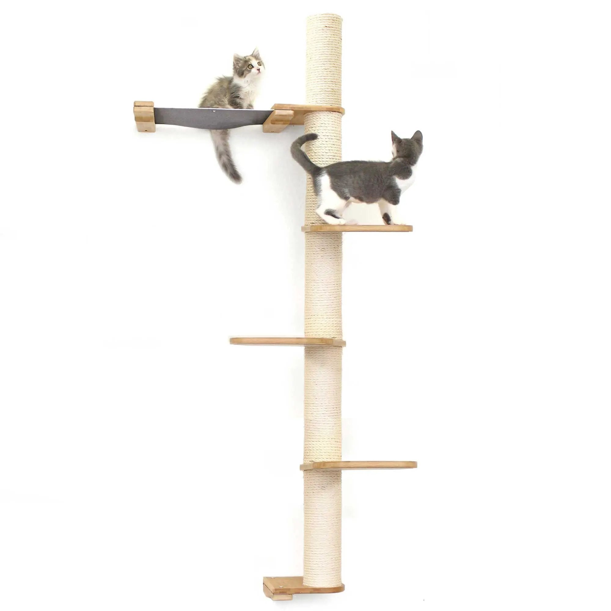 The Crow's Nest wall cat condo by Catastrophic Creations with rope-wrapped post and two wooden platforms.