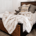 Load image into Gallery viewer, PupProtector Waterproof Throw Blanket white with brown accents on bed; dog lounging on plush throw
