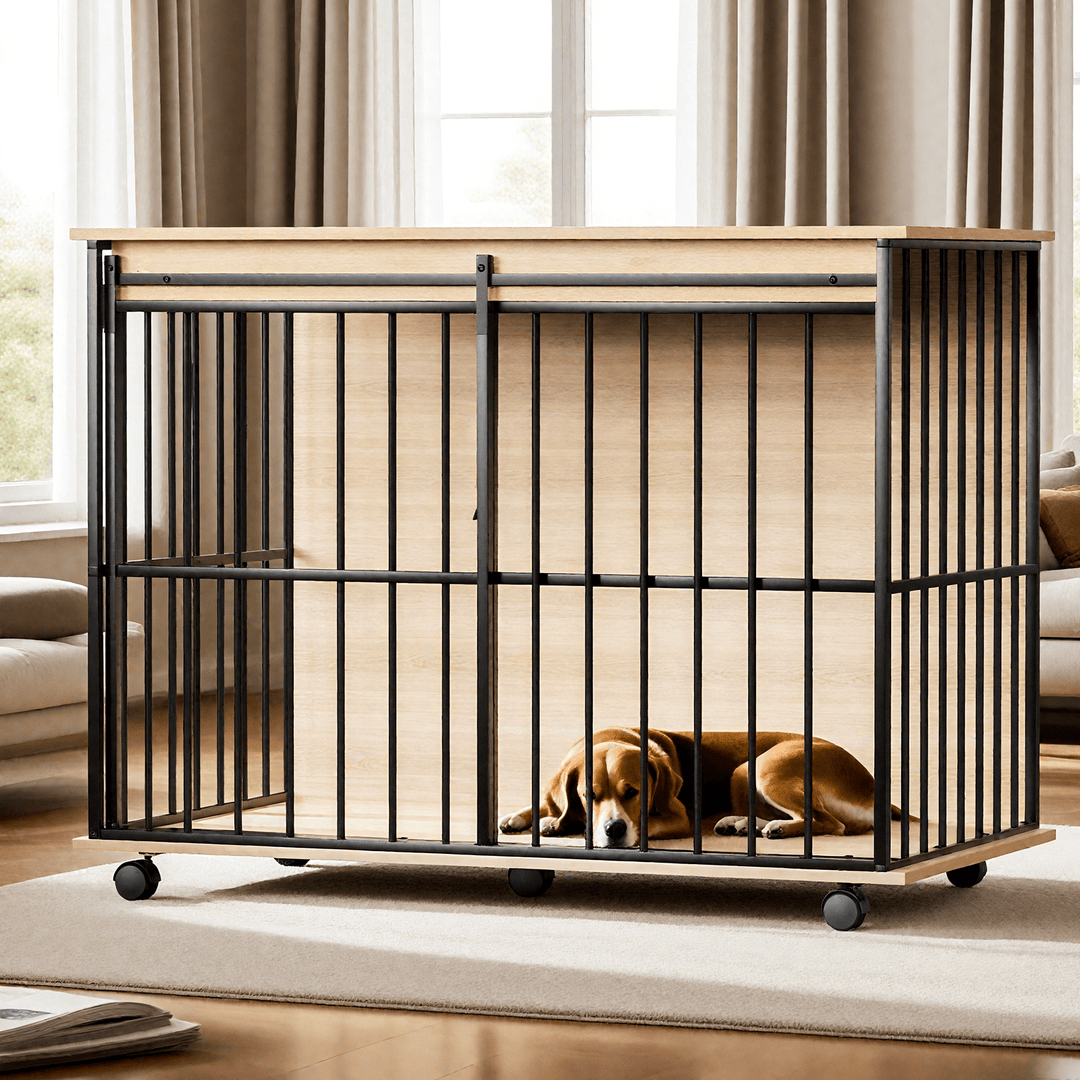 Large wooden dog crate by Sangria Beech on wheels with removable tray and secure doors; black metal bars, light wood panels