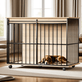Charger l'image dans la visionneuse de la galerie, Large wooden dog crate by Sangria Beech on wheels with removable tray and secure doors; black metal bars, light wood panels
