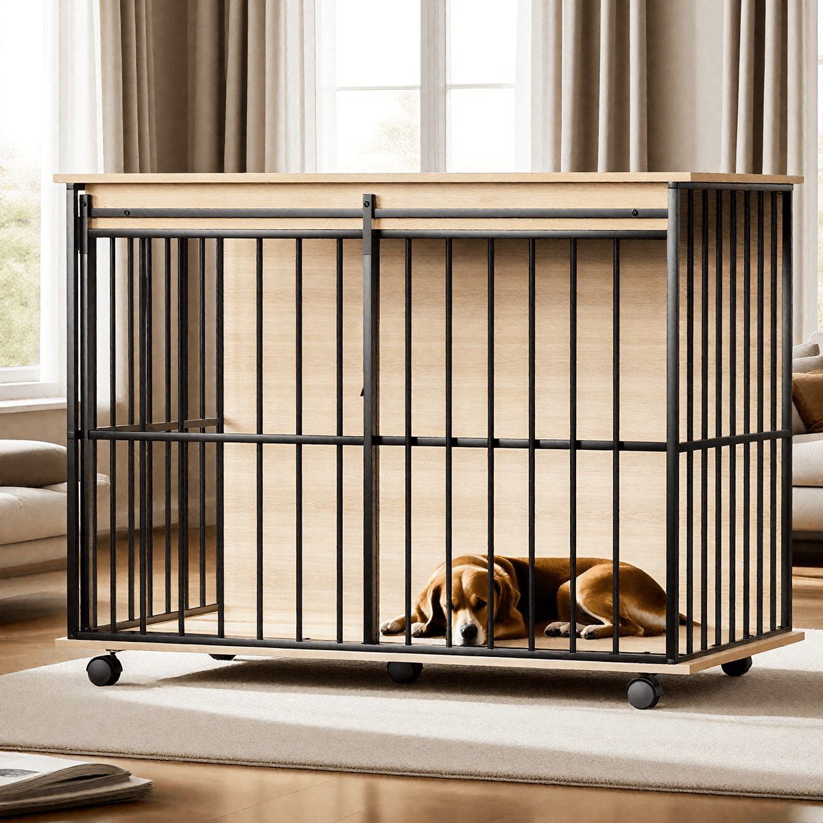 Large wooden dog crate by Sangria Beech on wheels with removable tray and secure doors; black metal bars, light wood panels