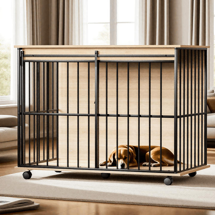 Large wooden dog crate by Sangria Beech on wheels with removable tray and secure doors; black metal bars, light wood panels