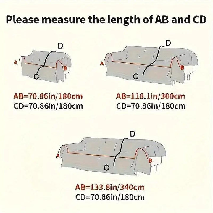 Boho Couch Cover by topspet, ultra-soft all-season chenille fabric; sofa AB and CD measurement diagram.