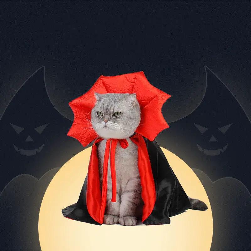 Halloween pet cape vampire king for cats, red satin-lined black cape with red hood.