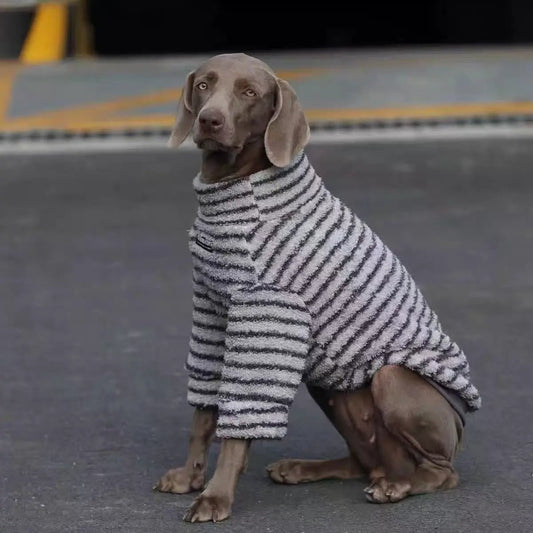 Soft and Warm Stripe Dog Sweater; gray and white plush knit, SOCKPET brand.