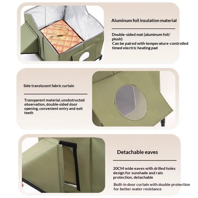 Pet Zen outdoor cat/dog bed with aluminum foil insulation, olive-green fabric, detachable eaves and side window curtain