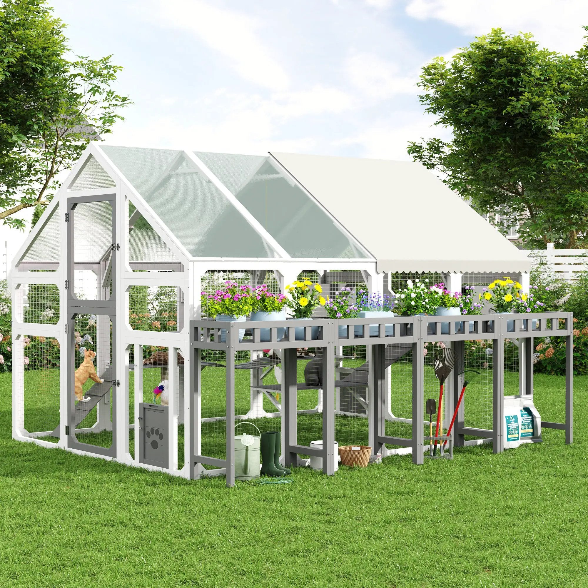 Large outdoor cat enclosure with planter stand and walk-in catio, grey and white