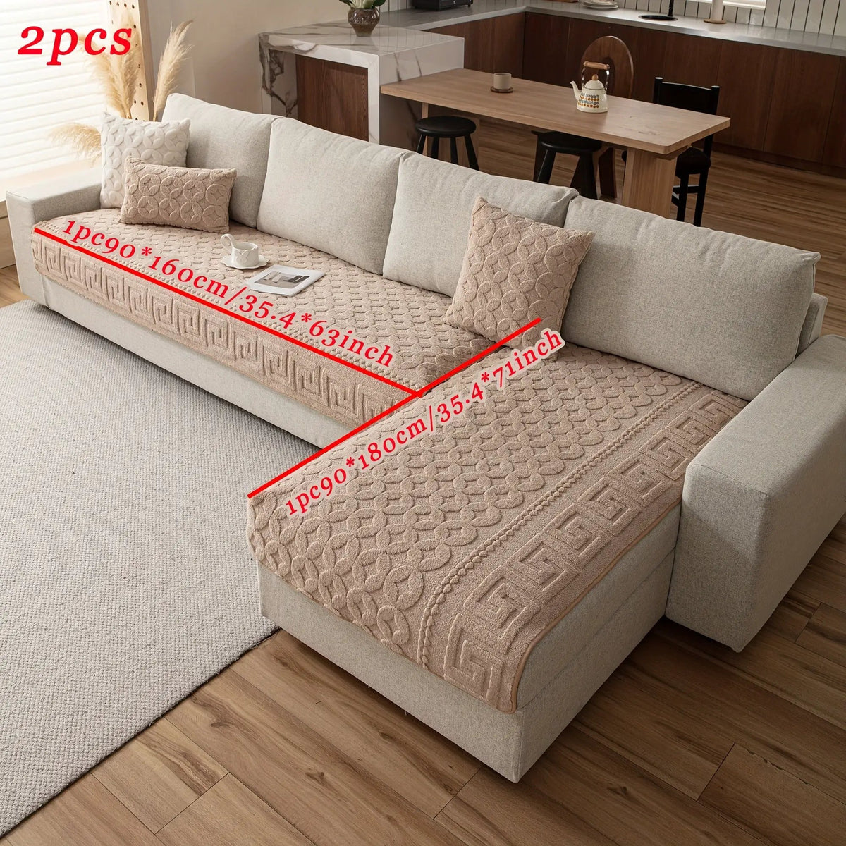L-shaped couch cover in beige textured fabric; heavy-duty waterproof dog sofa protector
