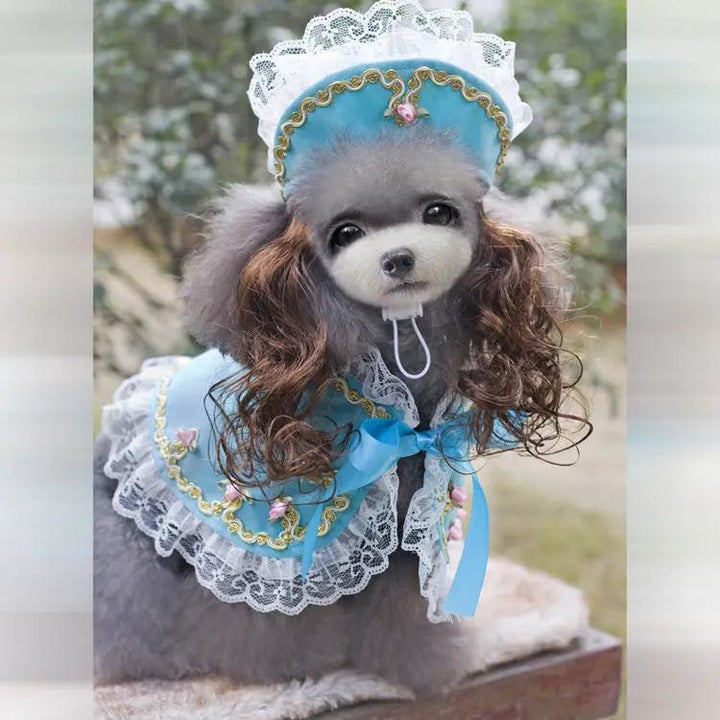 Pet Zen Christmas dog costume in blue lace with bonnet and bow
