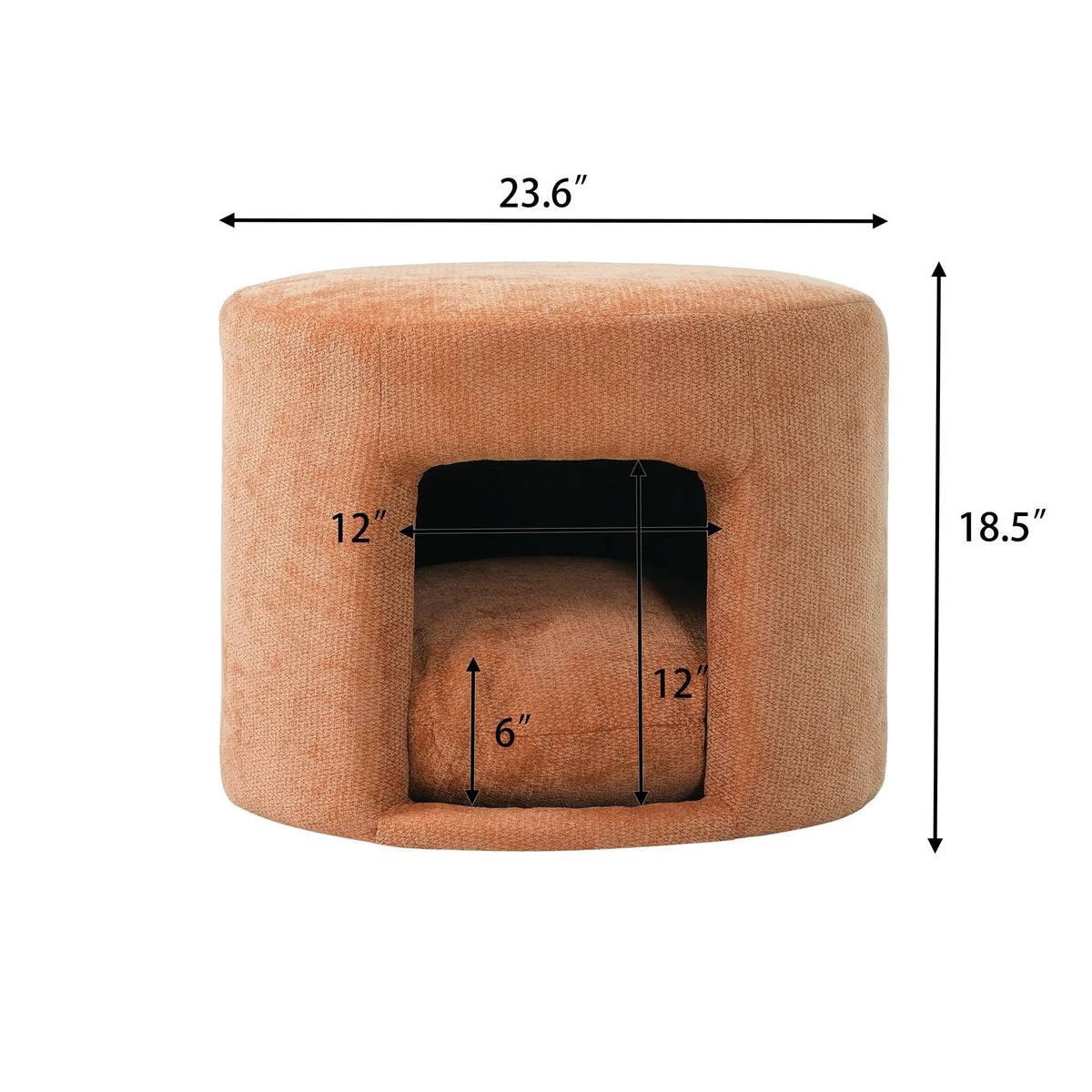 Ottoman by Home Furnishers in orange with removable pet cushion; pet-friendly accent seating.