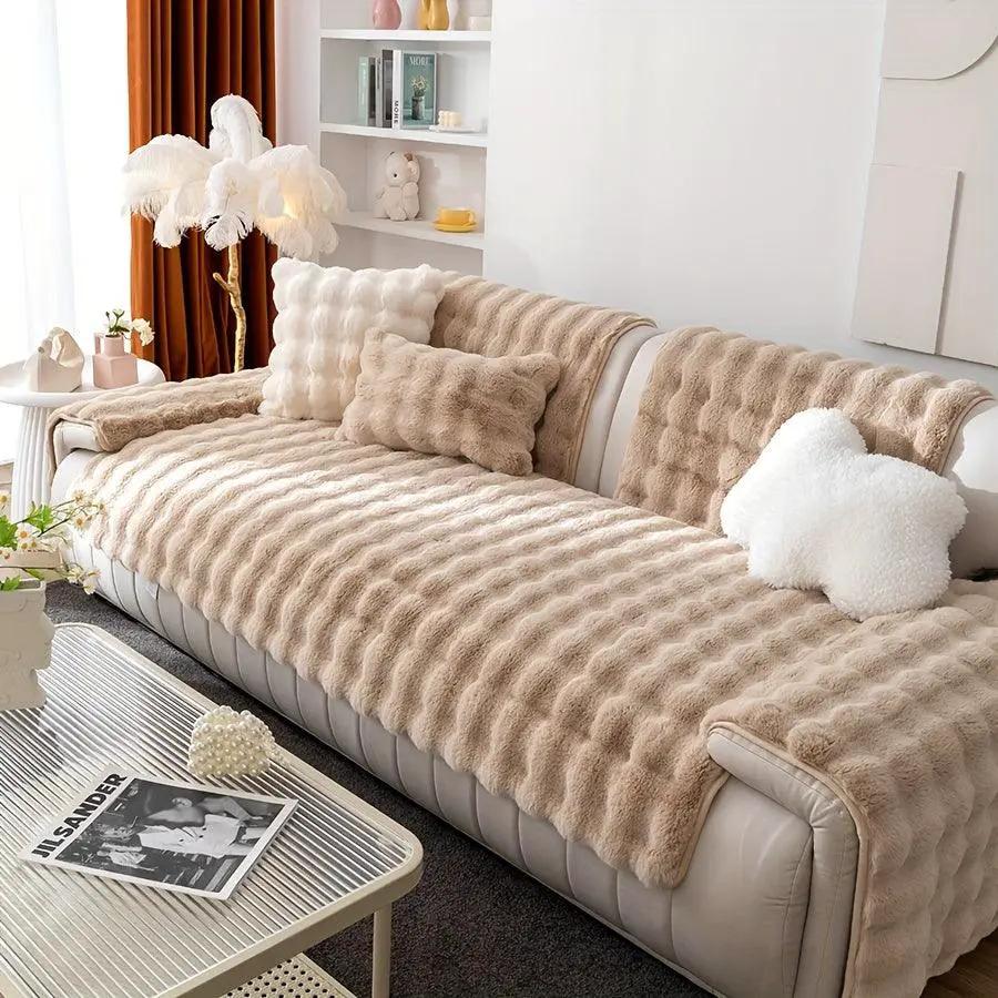 White Couch Slipcovers - Winter Warm Plush Soft Sofa Cover, plush faux-fur texture on light sofa