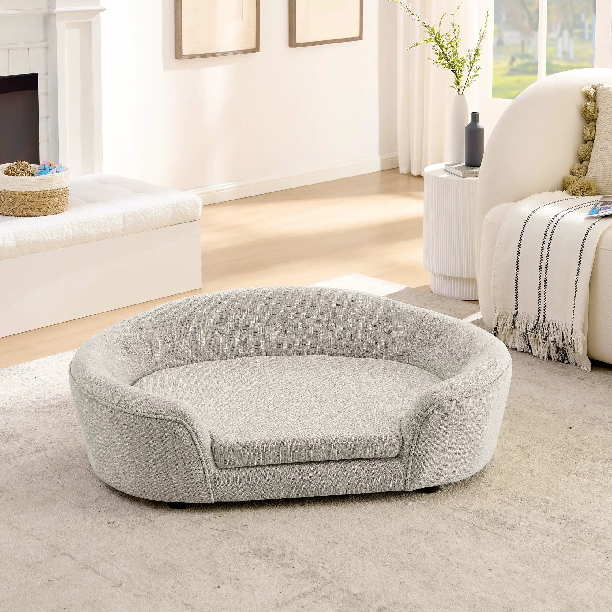 OVERSIZED Size Oval Semi-Enclosed Dog Sofa - Durable Linen Material, Button-Tufted Backrest, High-Center Low-Sides Support & Plush Comfort-Beige by HouseOfZazla