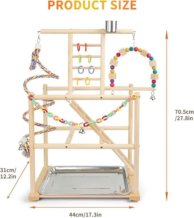 PawMart wooden birdcage stand playground for small to medium birds with ladders, rope perch, swings and feeder cups