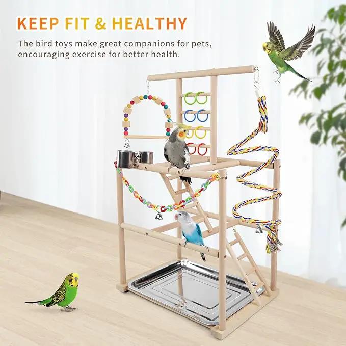 Bird Playground Playstand by PawMart, wooden stand with 3 ladders, rope perches and metal tray