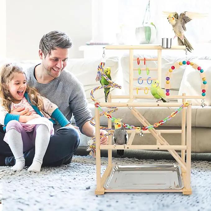 Bird Playground wooden playstand for small–medium birds with 3 ladders, rope swings and cups