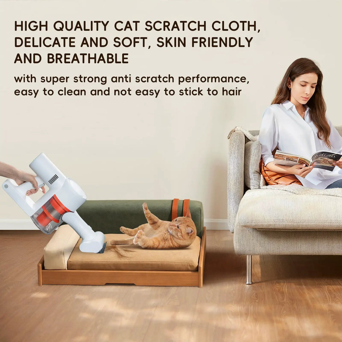 Modern Wooden Pet Bed for Cats & Dogs by Home Furnishers; wood frame with tan cushions, cat lounging.