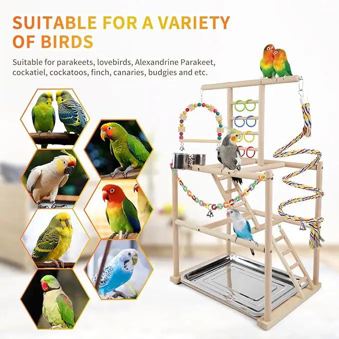 PawMart Bird Playground playstand with ladders, rope perch, swings and feeder cups for small–medium birds