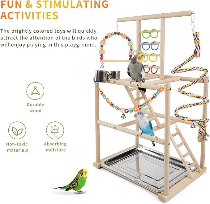 Bird playground playstand for small to medium birds in natural wood with ladders, rope perches and swings (2 birds)