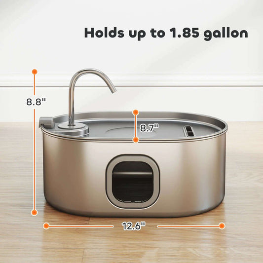 Stainless steel cat water fountain with filters and ultra-quiet pump; 7L capacity by For Animals, With Love