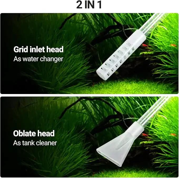 2-in-1 siphon gravel cleaner heads in white plastic for water changes and tank cleaning