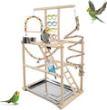 Load image into Gallery viewer, Wooden Bird Playground playstand for small to medium birds with rope perch, ladders, swing and feeder cups
