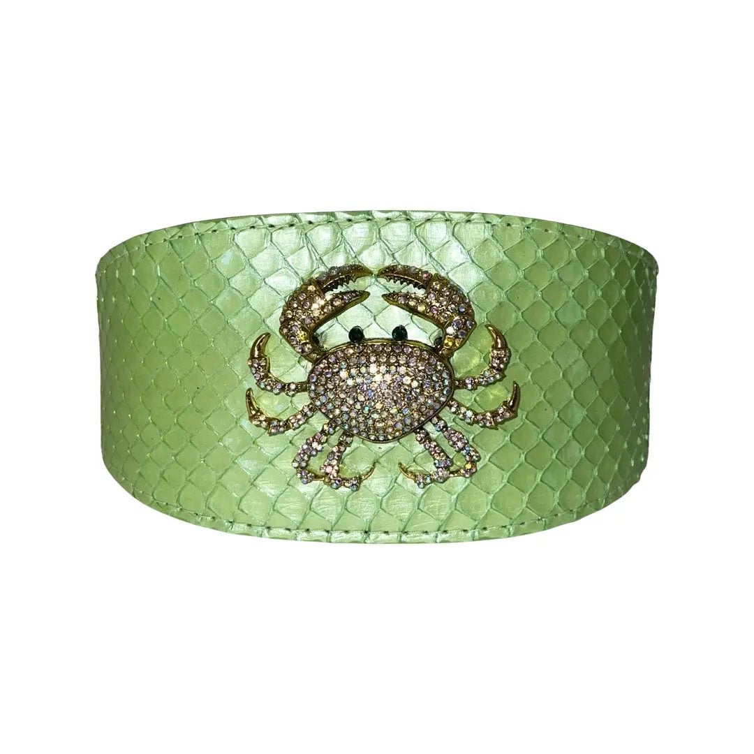 Sea Anemone Pearl Green snakeskin wide cuff bracelet with rhinestone crab centerpiece