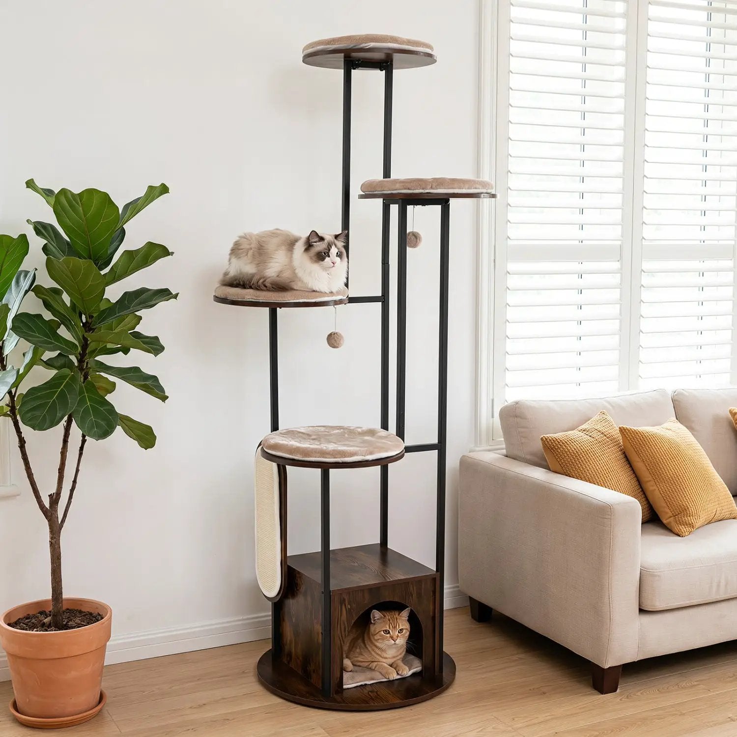 72-Inch Multi-Level Cat Tree with Condo and Perches, black metal frame, beige plush platforms; two cats on levels.