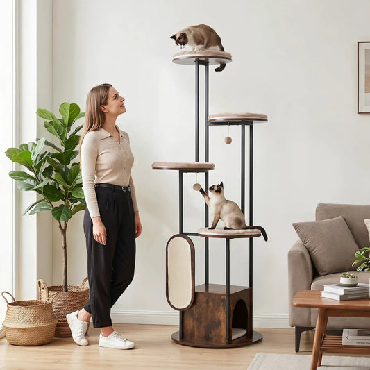 DirectDeals 72-Inch Multi-Level Cat Tree with Condo and Perches in living room; two cats on platforms.
