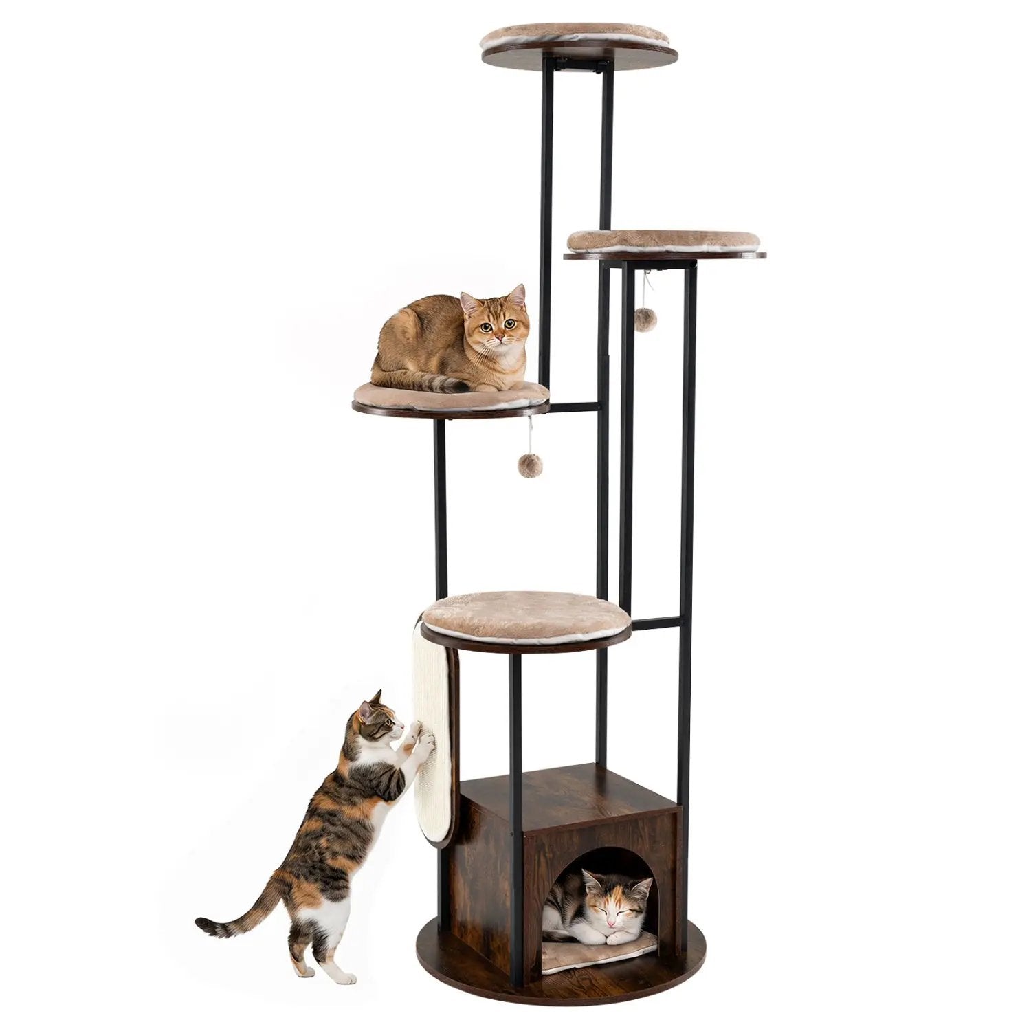 72-Inch Multi-Level Cat Tree with Condo and Perches by DirectDeals, dark wood base, beige plush cushions, 3 cats