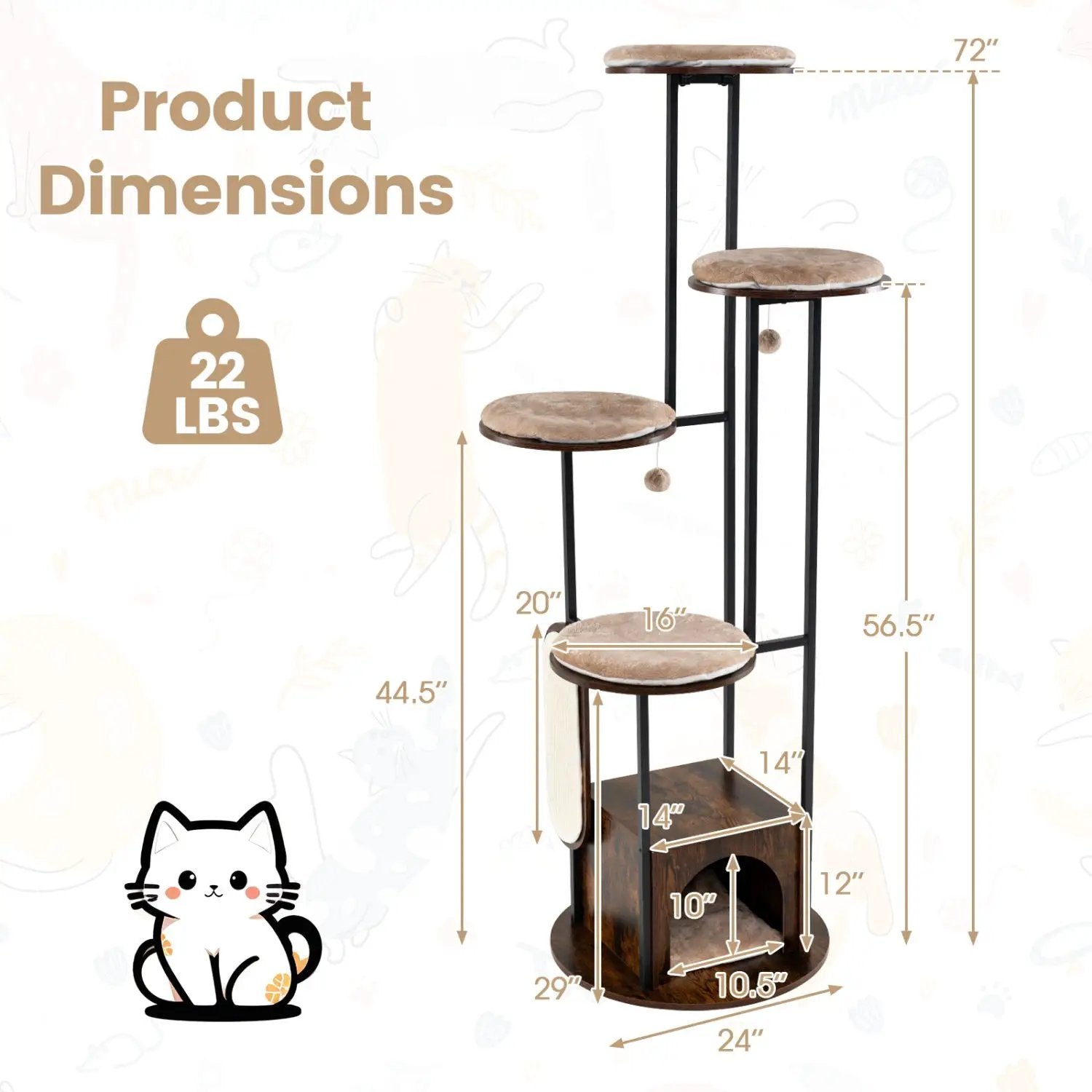 DirectDeals 72-Inch Multi-Level Cat Tree with condo and perches, beige plush platforms, black posts