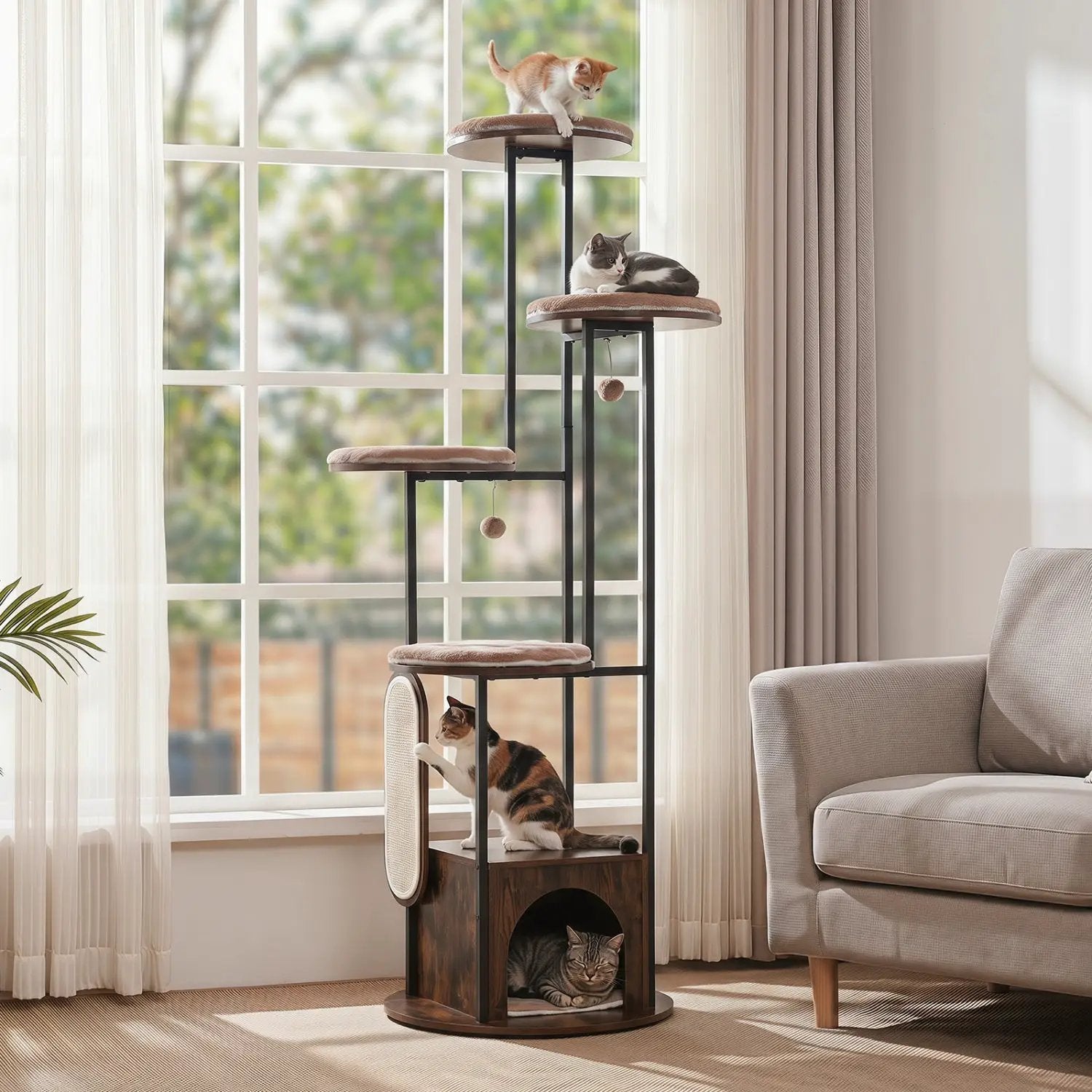 Cat Tree 72-inch multi-level with condo and perches, dark wood frame with beige cushions, three cats