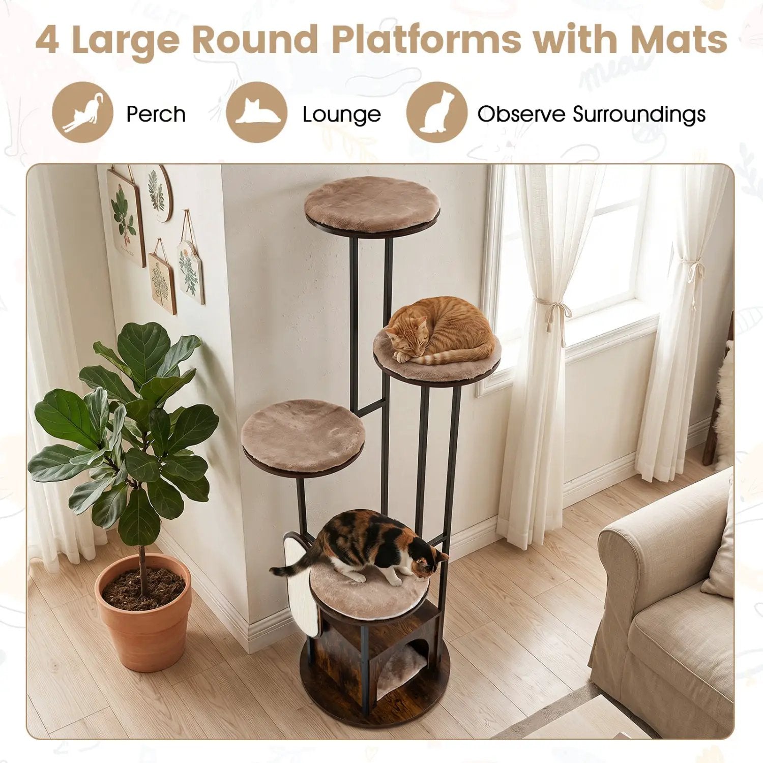 72-Inch Multi-Level Cat Tree by DirectDeals with beige plush cushions, cat on top perch