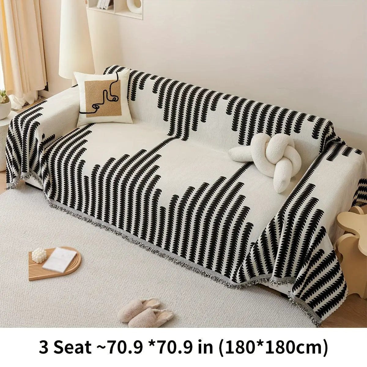Chenille sofa cover by topspet for 3-seat sofa; white with black fern pattern, non-slip universal protector