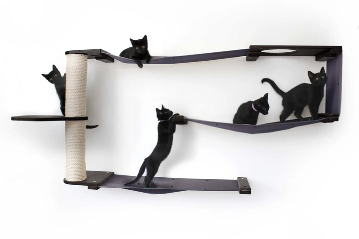 Cat Maze Wall - 3 Tier Cat Tree Cat Condo in dark purple with a sisal-wrapped post; four black cats climbing.