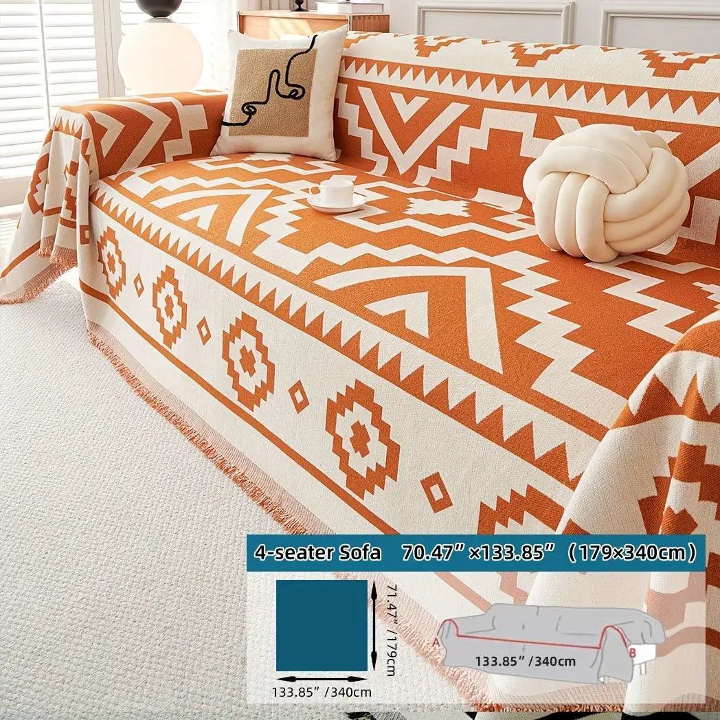 Boho-Chic 4-seater sofa cover in orange geometric print with cream background; pet-proof couch protector