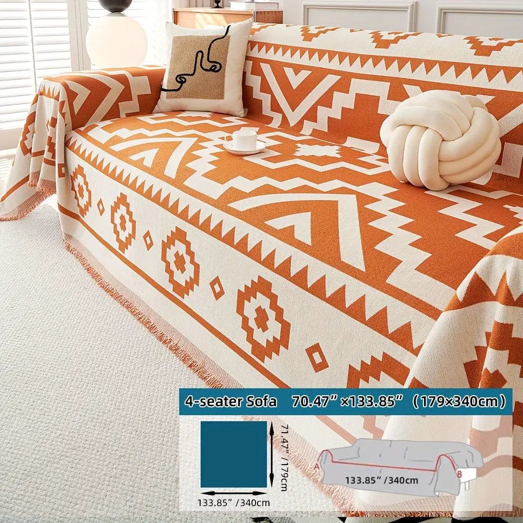 Boho-Chic 4-seater sofa cover in orange geometric print with cream background; pet-proof couch protector