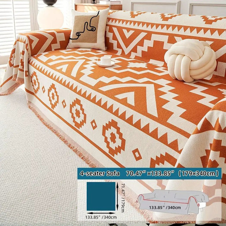 Boho-Chic 4-seater sofa cover in orange geometric print with cream background; pet-proof couch protector