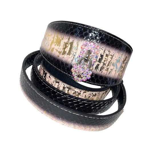 Swarovski Crystal Heart Locket Love Collar leash set; 3-inch wide black snakeskin with pink crystal heart charm