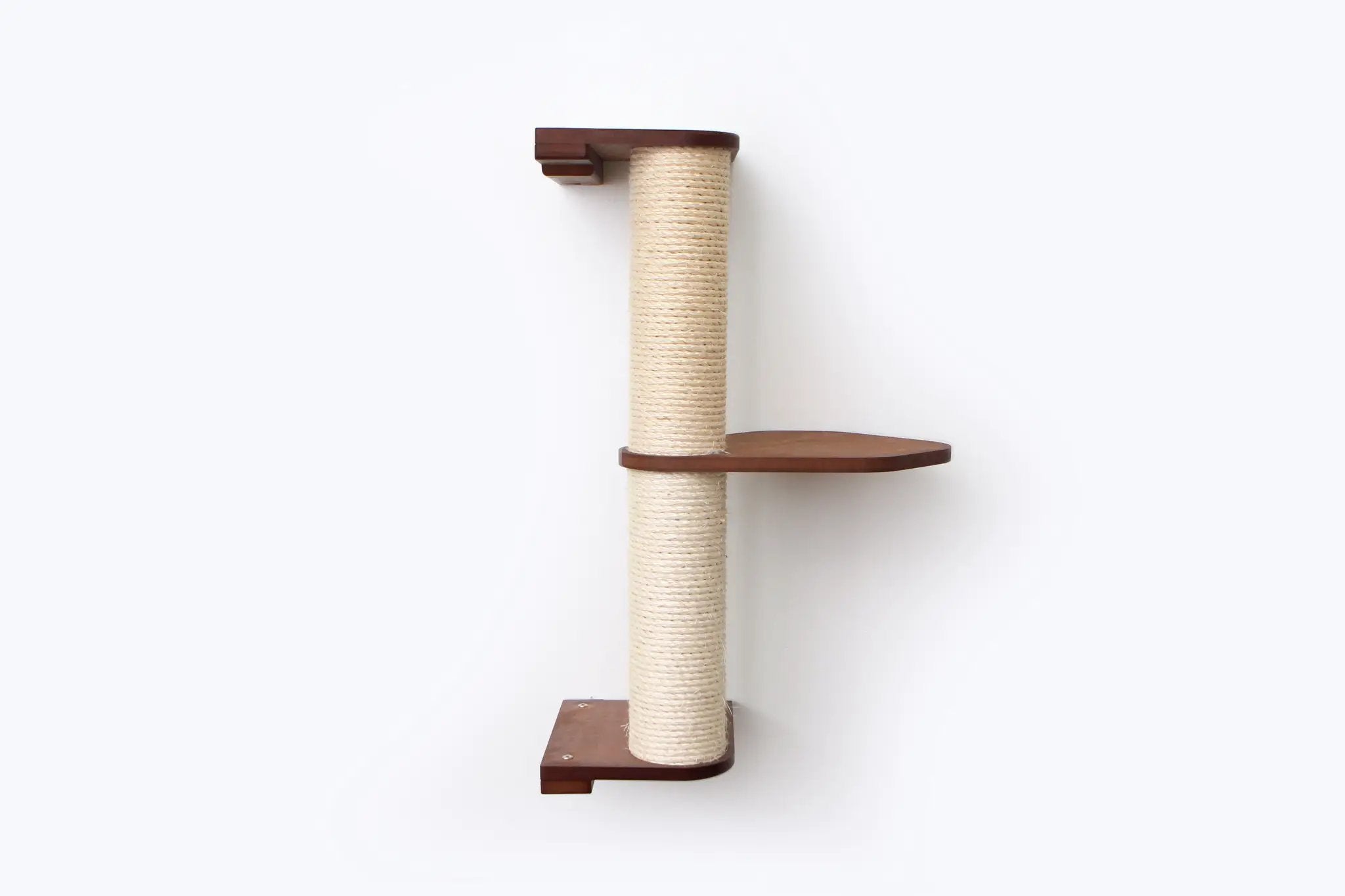 Wall-mounted cat climbing pole with natural sisal rope and brown wood ends by Catastrophic Creations