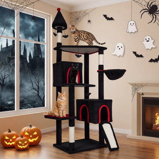 75 Inch Gothic Cat Tree with 2 condos and top perch, black with red accents, cats on multiple levels