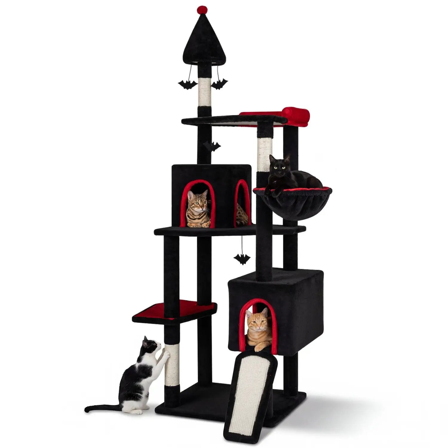 DirectDeals 75-Inch Gothic Cat Tree with 2 condos and top perch; black and red fabric, sisal posts, three cats.