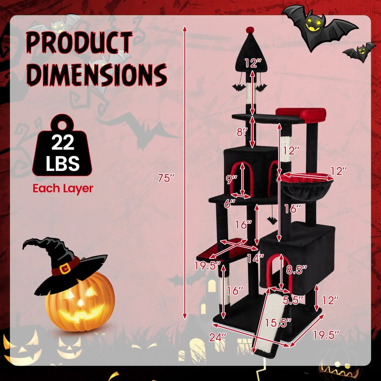 75-Inch Gothic Cat Tree with 2 Condos and Top Perch for Large Cats, DirectDeals