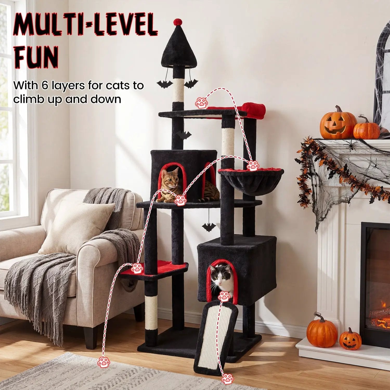 75 Inch Gothic Cat Tree by DirectDeals, black plush with 2 condos and top perch; 2 cats