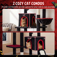 Load image into Gallery viewer, 75-Inch Gothic Cat Tree by DirectDeals with 2 red-trimmed condos and top perch; two cats pictured
