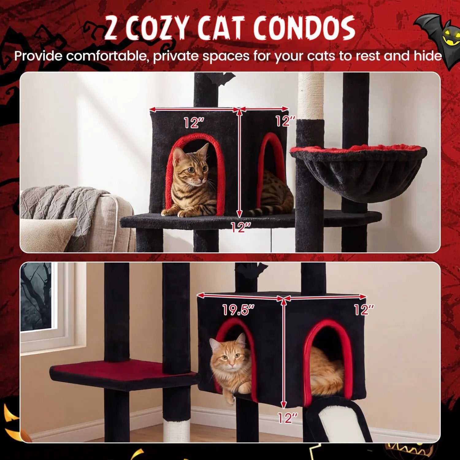 75-Inch Gothic Cat Tree by DirectDeals with 2 red-trimmed condos and top perch; two cats pictured