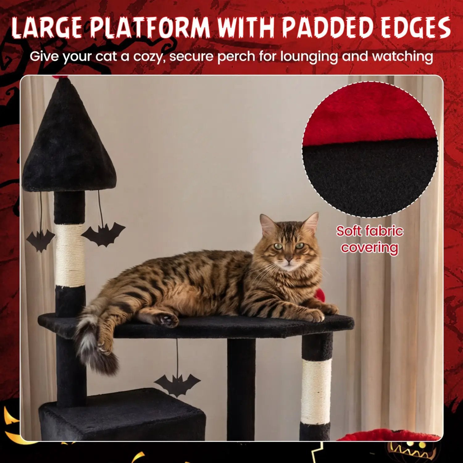 75-inch Gothic cat tree with black plush fabric and sisal-wrapped posts, cat lounging on top perch