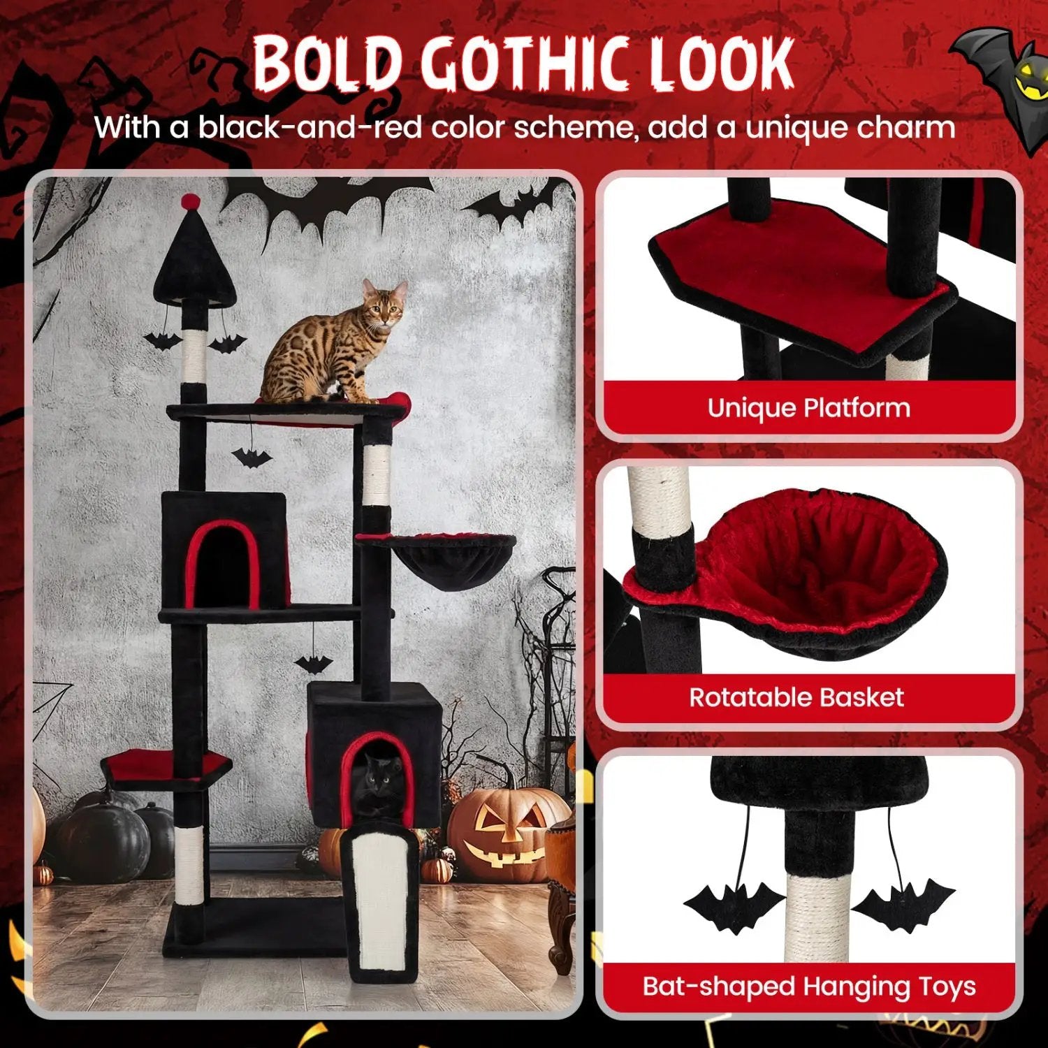 75-Inch Gothic Cat Tree with 2 condos and top perch in black and red for large cats