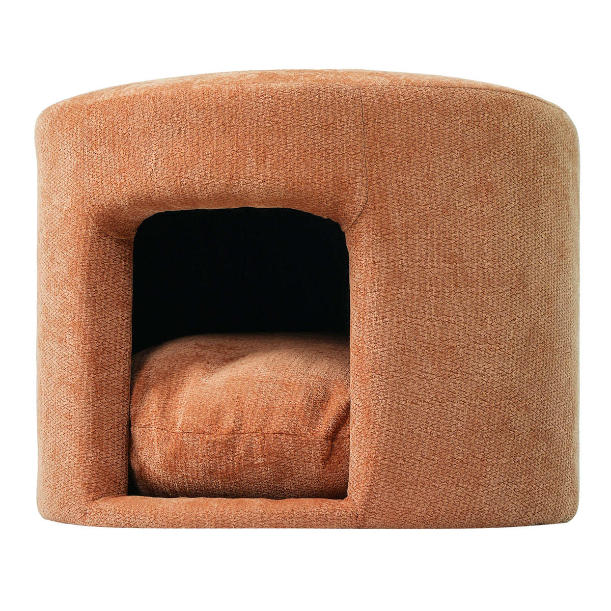 Orange textured pet-friendly ottoman with open center and rounded edges