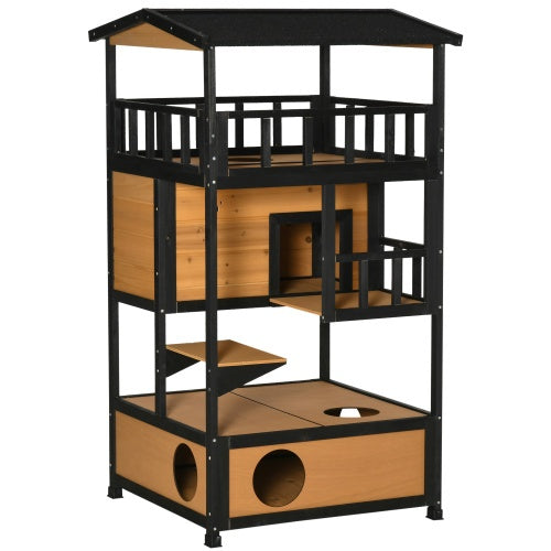 Natural wood-tone and black PawHut three-tier wooden outdoor cat house with roof, platforms and enclosed resting compartments.