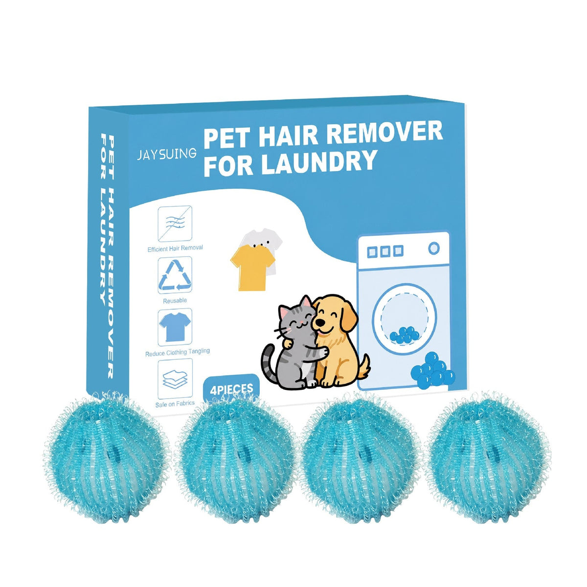 Four blue pet hair laundry balls beside retail box